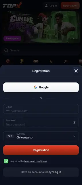 TopX visto en un smartphone: registro con correo o Google y saldo en pesos