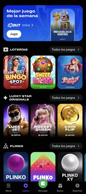 Apartado de loterías con The Bingo Spot y Sweet Lotto en Lucky Star desde el celular
